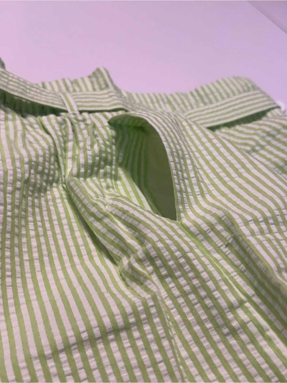 Jacadi Light Green and White Striped Paperbag Waist Shorts with Flower Buckle